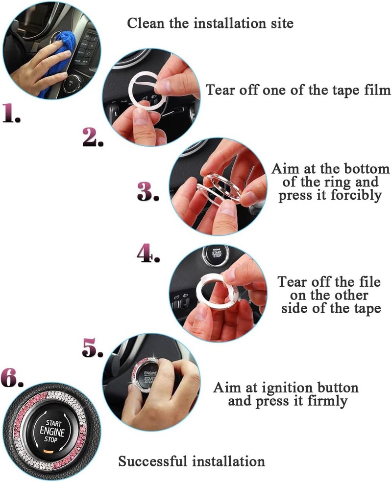 ToBeQueen White Pink Bling Push Start Button Cover Emblem Sticker, Crystal Diamond Rhinestone Push Start Ring Car Decor, Pink and White Bling Car Accessories - Image 5